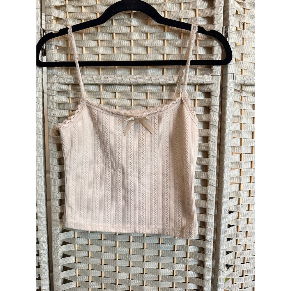 SHEIN MOD Lace Trim Knit Camisole Tank Top Beige XS Bow Detail Scoop Neckline